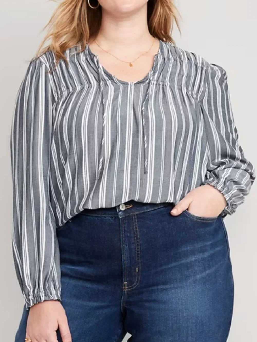 Old Navy Blue Striped Crinkled Smocked Poet Swing Blouse Size Small